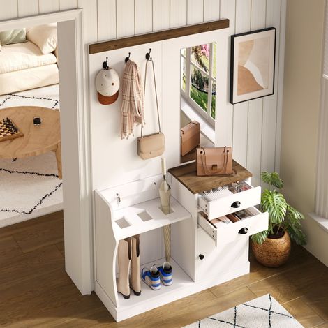 Meuble d'entrée avec Miroir, 2 Tiroirs, 1 Porte, Crochets et Porte-parapluies, Panneau, Blanc, 110.5 x 38 x 191 cm (1/5)