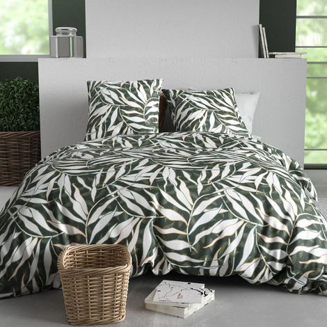 Parure housse de couette 260x240cm + 2 taies motif feuillage vert et blanc 100% coton - FILIBERTE (1/4)