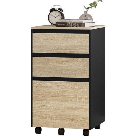 WOLTU Archivador Móvilcon 3 Cajones Cajoneracon 5 RuedasMultiusos Gabinete de Archivos Debajo del Escritorio para Documentos de Oficina Roble Claro 40x40x70cm