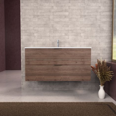 Inda - Badezimmerschrank B.120 mit mattiertem Waschbecken / Braune Eiche 2 Schubladen - Topazio