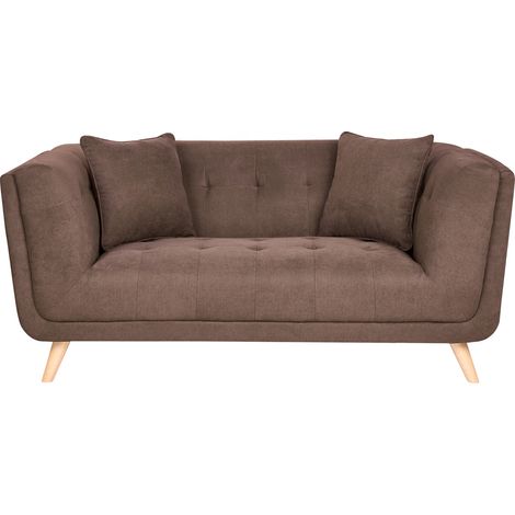Sofá 2 plazas de tela con cojines decorativos patas de madera capitoné estilo retro marrón oscuro Habo