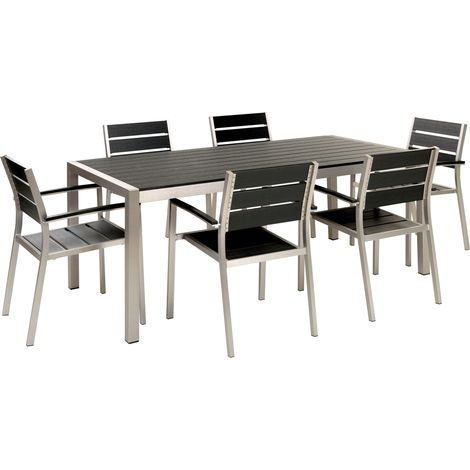 Conjunto de jardín 6 plazas de metal madera plástica mesa sillas negro y plateado Vernio