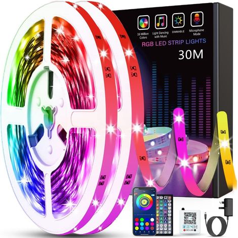 Bande LED de 30 m (2 rouleaux de 15 m) avec télécommande, contrôle via application Bluetooth intelligente, synchronisation musicale et changement de couleur RGB. (1/5)