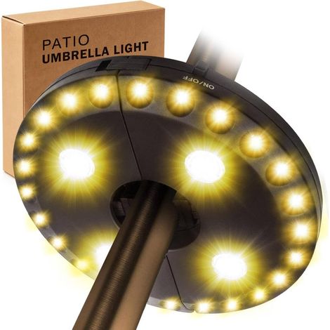 Lumière blanche chaude pour parasol de terrasse, 3 modes de luminosité, 28 lumières LED à 200 lumens, fonctionne avec 4 piles AA, pour parasol, tentes de camping (1/5)