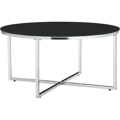 Table Basse LORIE Ronde Plateau Verre Trempé Marbré Noir Structure Métal Chrome D90x45cm (1/5)