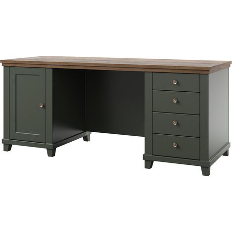 Bureau ASSIA 180 cm verde oscuro y madera - Cajones, nichos y almacenamiento - Elegancia atemporal