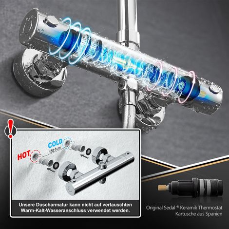 JOHO – Colonne de douche thermostatique inox SUS304 – Sécurité 38°C – Barre réglable rénovation – Douche pluie Ø25 cm, douchette multifonction (1/2)