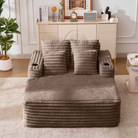 Fauteuil en velours lapin haute densité, rayures verticales, accoudoirs avec porte-gobelet, assise généreuse, dossier segmenté, pour salon et chambre, moelleux comme un nuage, effet enveloppant, confo (1/5)