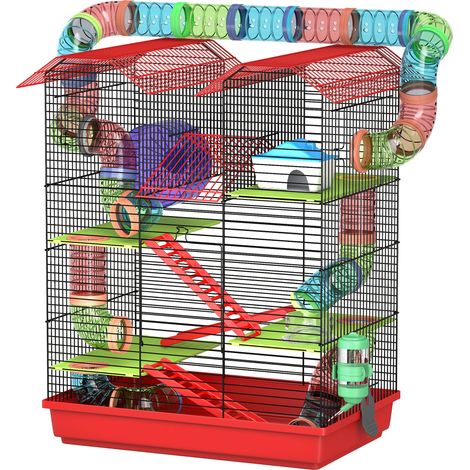 Cage pour hamster souris petit animaux rongeur avec tunnel mangeoire roue jouet 47 x 30 x 59 cm rouge
