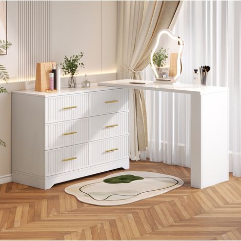 Toeletta girevole LED 110x40x129 cm con specchio a 3 colori, 6 cassetti e vani contenitore - bianco e oro (1/5)