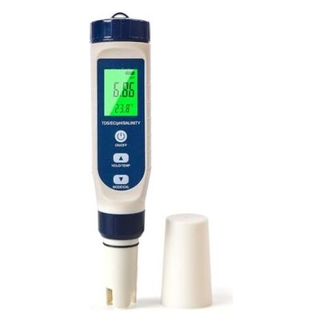pH-mètre pour l'eau, pH-mètre multifonctionnel (pH/salinité/EC/TDS/température), pH-mètre à compensation automatique de température, convient à l'eau potable, aux piscines, à l'hydroponie et aux spas. (1/5)