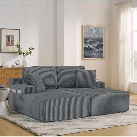 Schlafsofa 2-Sitzer in Grau aus Kordstoff, multifunktional mit Getränkehalter, Seitentasche und Kissen,186x154x78 cm (1/5)