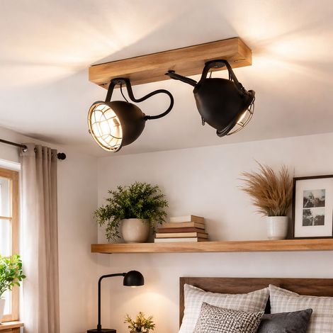 Lampada da soffitto faretto lampada da soggiorno lampada da soffitto lampada da sala da pranzo, griglia in metallo nero legno naturale, 2 lampadine E14 faretti mobili, L 36 cm