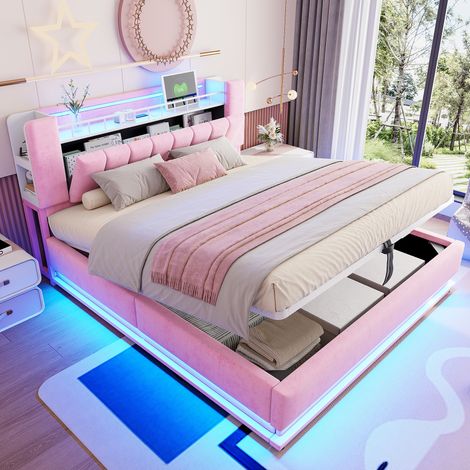 letto contenitore 180x200 LED USB velluto rosa OKMYHOME (1/5)