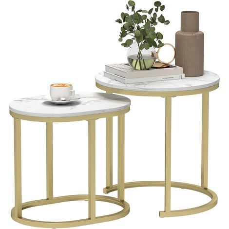 Ensemble de 2 tables basses ovales et rondes en acier marbré, empilables, Ø50 cm, blanches pour salon moderne (1/5)