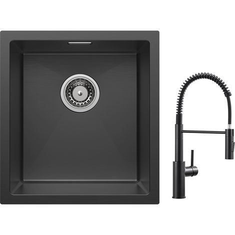 Cecipa Lavello da cucina 1 vasca 40x44 cm nero Lavello da cucina in acciaio inox + miscelatore da cucina a molla con doccetta estraibile, rubinetto lavello 2 modalità di uscita dell'acqua, Nero (1/5)