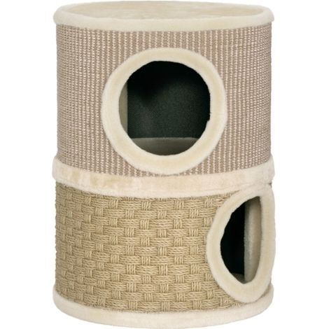 Tiragraffi per gatti, alto 49 cm, con un diametro di 35,5 cm, a doppio strato, con bordi imbottiti, superficie graffiante e due cucce per gatti, colore kaki e marrone, disponibili in loco. (1/5)