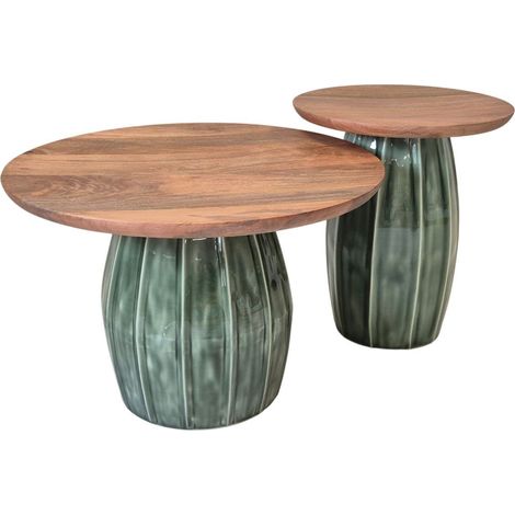 Lot de 2 tables basses rondes plateau en acacia et pied central en acier émaillé vert - JADE