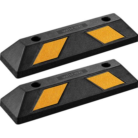 Wiltec Juego 2 topes de aparcamiento 55 x 15 x 10 cm caucho con bandas reflectoras alta visibilidad topes de rueda de fácil instalación ideal para garajes, parkings y zonas de estacionamiento