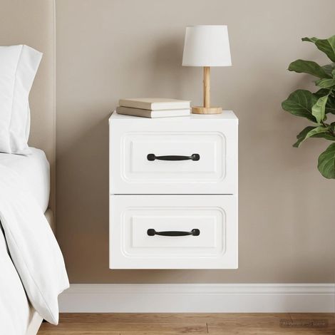 Table de chevet murale 2 tiroirs en bois blanc brillant 34,5 x 33 x 40 cm, 9.77kg - PANGIVO (1/5)