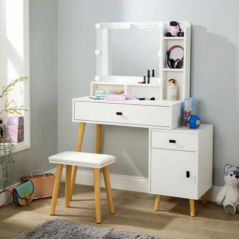 Forta Dressing Table Vanity Makeup Desk Lighted Mirror Cushioned Stool White