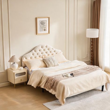 Tête de lit beige en velours 208 x 145 x 116 cm (1/5)