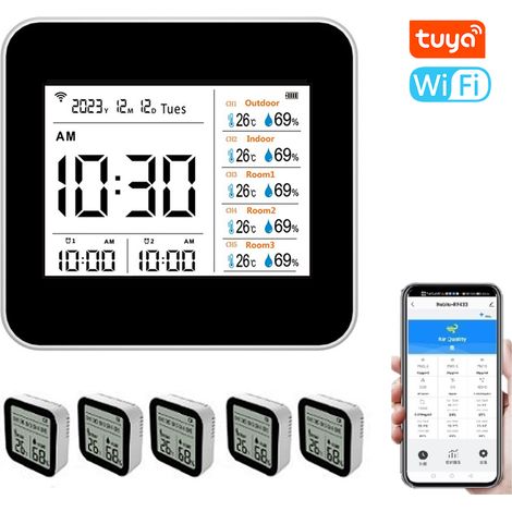 Tuya WiFi Smart Thermometer Hygrometer 13 in 1, Genaue Innentemperatur- und Feuchtigkeitsüberwachung, Zeit-/Kalender-/Alarmanzeige, Unterstützt Remote-App-Steuerung, Für Home Office, Von DEBUNS