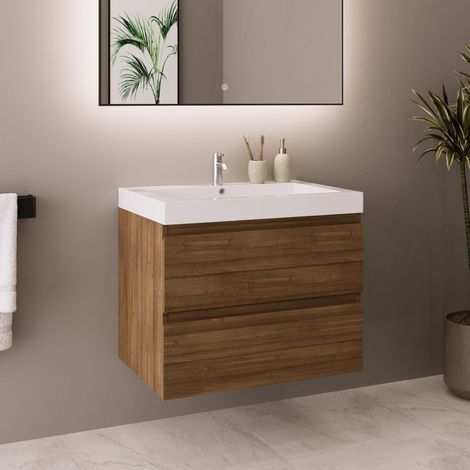 LOMAZOO Meuble de Salle de Bain 60cm Chêne Chaud - Vasque Blanche