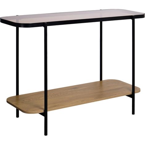 sweeek - Vintage-Konsole aus schwarzem Metall mit Glasplatten und Holzdekor 110 cm