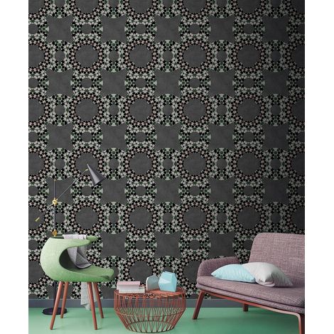 Papier peint panoramique géométrique idéal salon | Tapisserie panoramique grise & verte à motif | Papier peint panoramique graphique mandala - 270 x 400 cm (4 pièces) (1/5)
