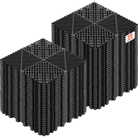 Dalles de Sol Clipsables pour Garage, Tapis de Drainage Modulaire en PP, Lot de 55, 310x310 mm, pour Piscine, Spa, Sous-sol, Terrasse, Jardin, Balcon, Système d'Emboîtement Antidérapant, Noir