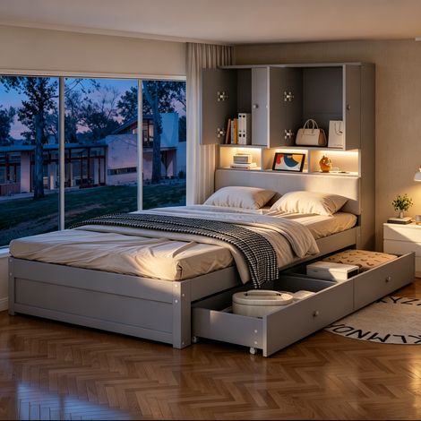Lit multifonctionnel en bois avec rangement 90x200 cm, 2 tiroirs modulables, tête de lit à niches, dossier rembourré, LED, prise intégrée, gris (1/5)