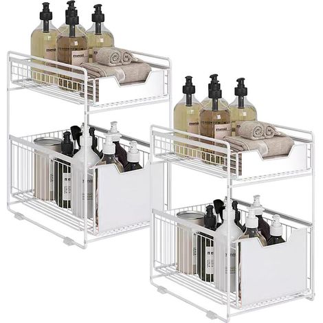 Set of 2 Rangement de cuisine, 2 étages Organisateur sous evier, Etagère amovible en acier inoxydable sous l'évier, 37.4x26.5x44cm, Blanc