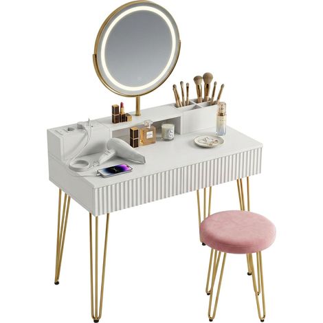 Coiffeuse avec Tabouret, Miroir, éclairage, Prises, 2 tiroirs, H x L x P : 135 x 80 x 40 cm, Blanc/doré (1/5)
