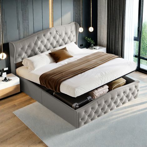 Letto imbottito, letto moderno con ampio spazio contenitore, 140 x 200 cm, tessuto in velluto con decorazione a rivetti. Elegante letto matrimoniale per ragazzi, bambini e adulti, senza materasso (1/5)