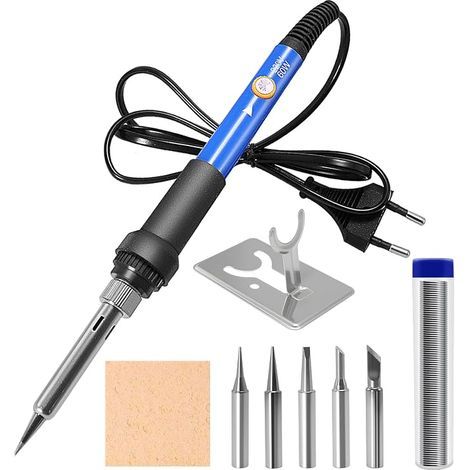 Soldering Iron Kit 60 W 9 Pieces Temperature Adjustment 6 Levels 5 Soldering Tips + Bracket + Tin + Sponge For Electronics Repairs & DIY Projects (1/5)