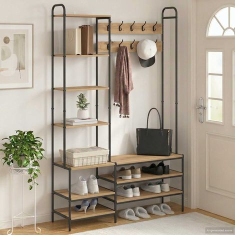 Portemanteau avec banc à chaussures Chêne artisanal (1/5)