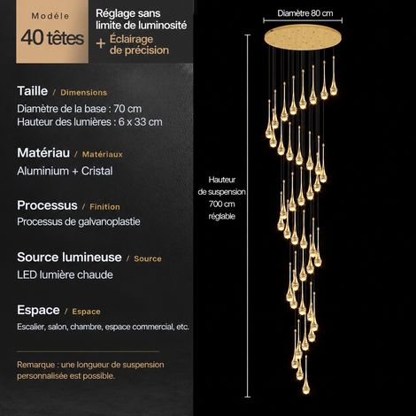 Lustre suspension cristal design taille de guêpe 40 têtes, modèle spirale, variation d'intensité continue pour escalier duplex salon, 180 cm, 1 kg – Livraison gratuite