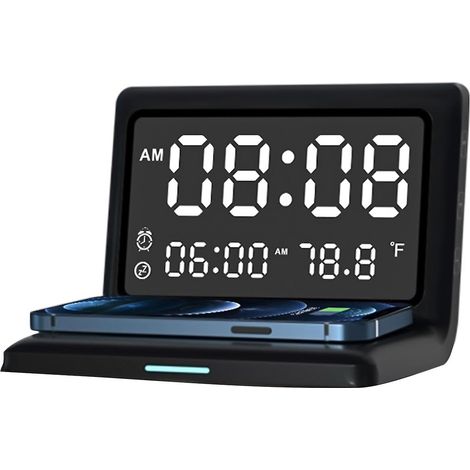 Multifunktionale digitale Spiegeluhr mit 15-W-Wireless-Ladefunktion, Wecker und großem, dimmbarem Display (1/5)