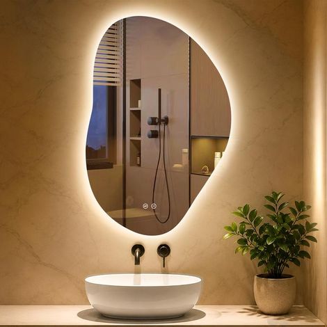 Miroir lumineux asymétrique, miroir LED de bain avec interrupteur tactile, 3 températures de lumière, variable, miroir de salle de bain éclairé 80x53cm (1/5)