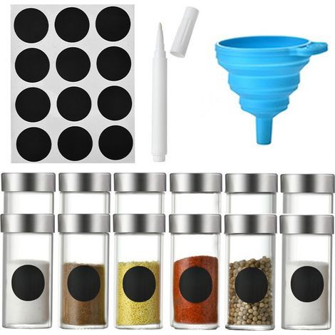 Lot de 12 pots à épices en verre avec étiquettes, entonnoir, brosse de nettoyage, marqueur, 4,5 x 9,5 cm, multicolore