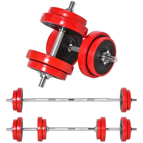 Set 2 in 1 regolabile composto da manubrio e bilanciere, peso 20 kg, colore rosso e nero, ideale per il fitness e l'allenamento muscolare a casa, dimensioni 21,5x21,5x3,8 cm, consegna a domicilio. (1/5)