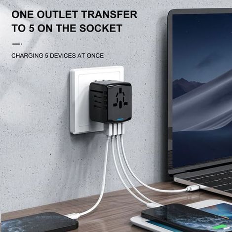 Adaptateur de chargeur international universel avec 3 USB et 1 Type-C, 1500 W, contact français jusqu'aux États-Unis, Canada, Grande-Bretagne, UE, Chine, Japon, Bleu