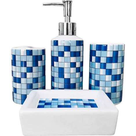 Lot de 4 accessoires de salle de bain en céramique au design moderne avec distributeur de savon, support de brosse à dents, gobelet, porte-savon (mosaïque bleue)