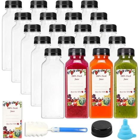 20 Bouteilles Plastique Réutilisables 12 Oz Transparentes avec Bouchons Noirs Inviolables pour Jus et Eau (1/4)