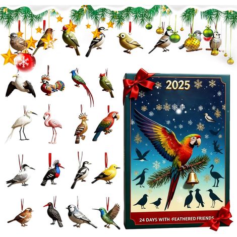 Vogel-Adventskalender 2025, 24 Tage, flache Acryl-Dekorationen für Baum/Wand