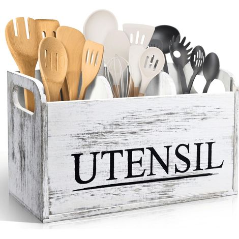 Grand porte-ustensiles de cuisine rustique en bois blanc (1/5)