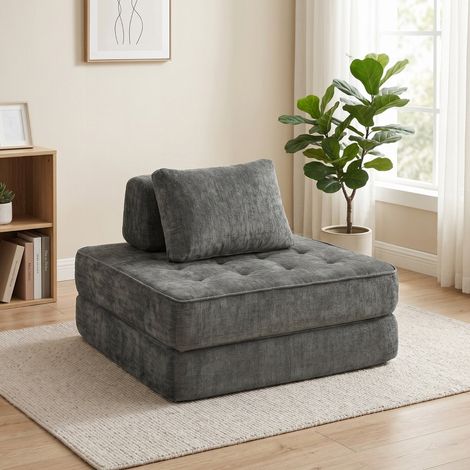 Sillón cama 2 en 1, plegable, con cojín lumbar, tejido chenille gris (1/5)