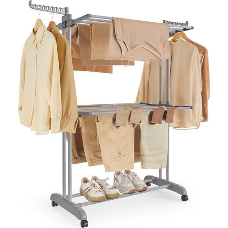 Étendoir à Linge, Séchoir Mobile à 3 Niveaux, avec roulettes, Pliable, 63,5 x 128 x 148 cm, Grande Capacité, Utilisation Intérieure et Extérieure, Gris Tourterelle LLR702G01 (1/5)