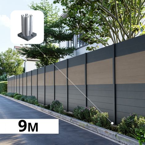 Kit Clôture Aluminium BAHIA & CRUZ Argent 9,20x1,8m - Bois Composite & Aluminium - Poteaux Gris - Brise Vue - Palissade